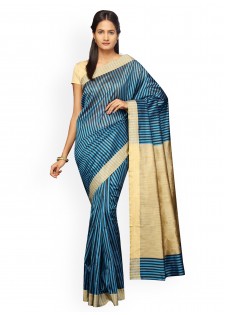 Pavechas Blue Striped Banarasi Khicha Patti Cotton and Poly Silk Traditional Saree